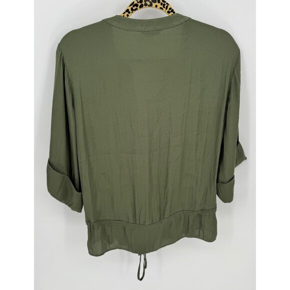 Naked Zebra Olive Green Button-Up Drawstring Waist Blouse With Pockets & 3/4 Sle - Picture 2 of 6